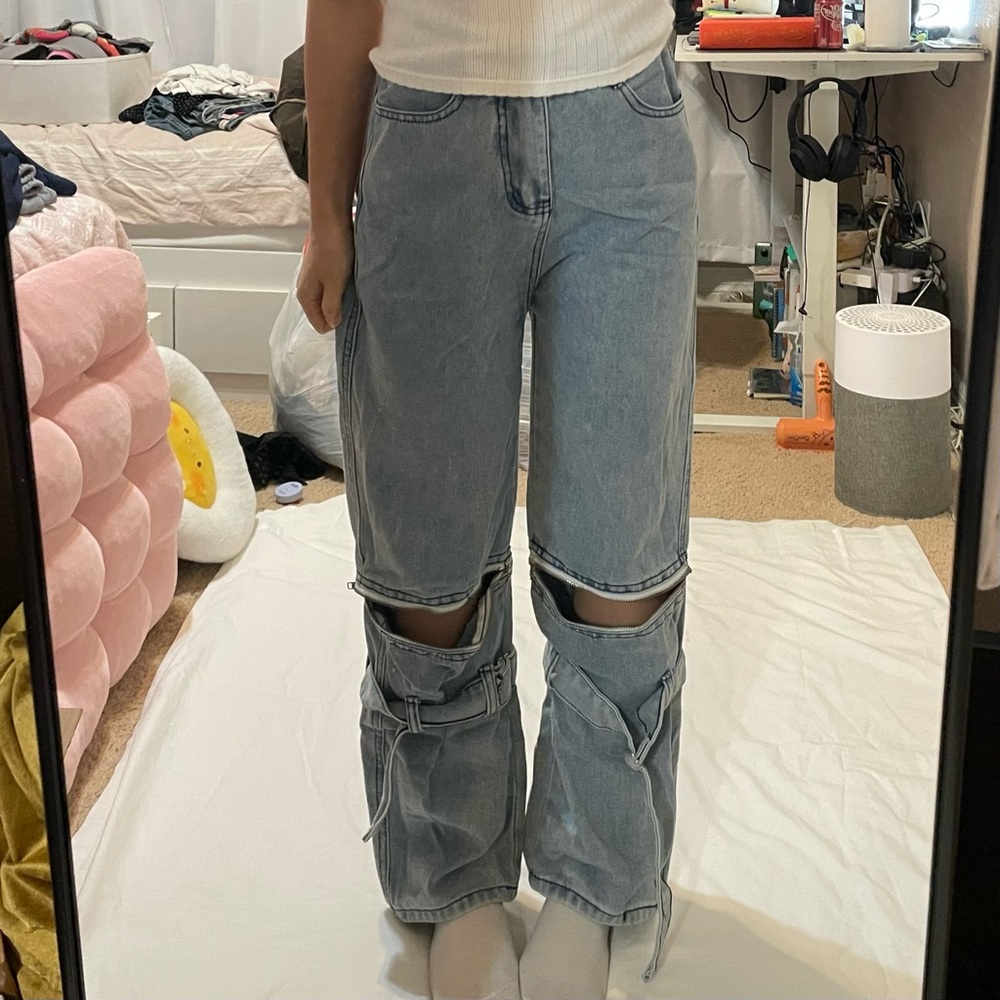 high waisted straight leg jeans with adjustable zipper holes
